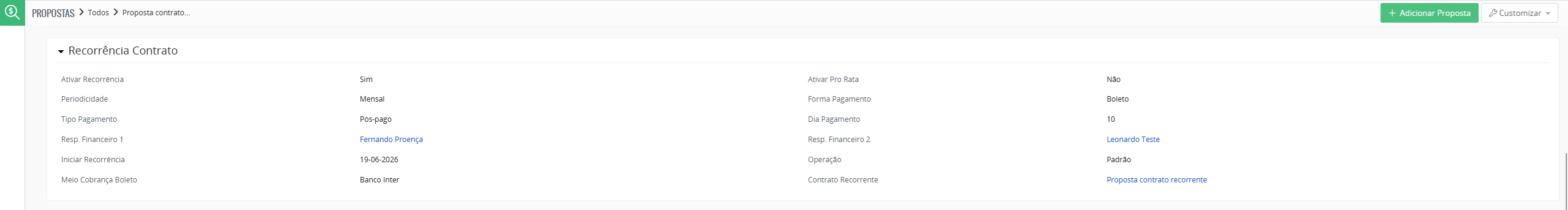 Bloco Recorrência Contrato na Proposta de origem