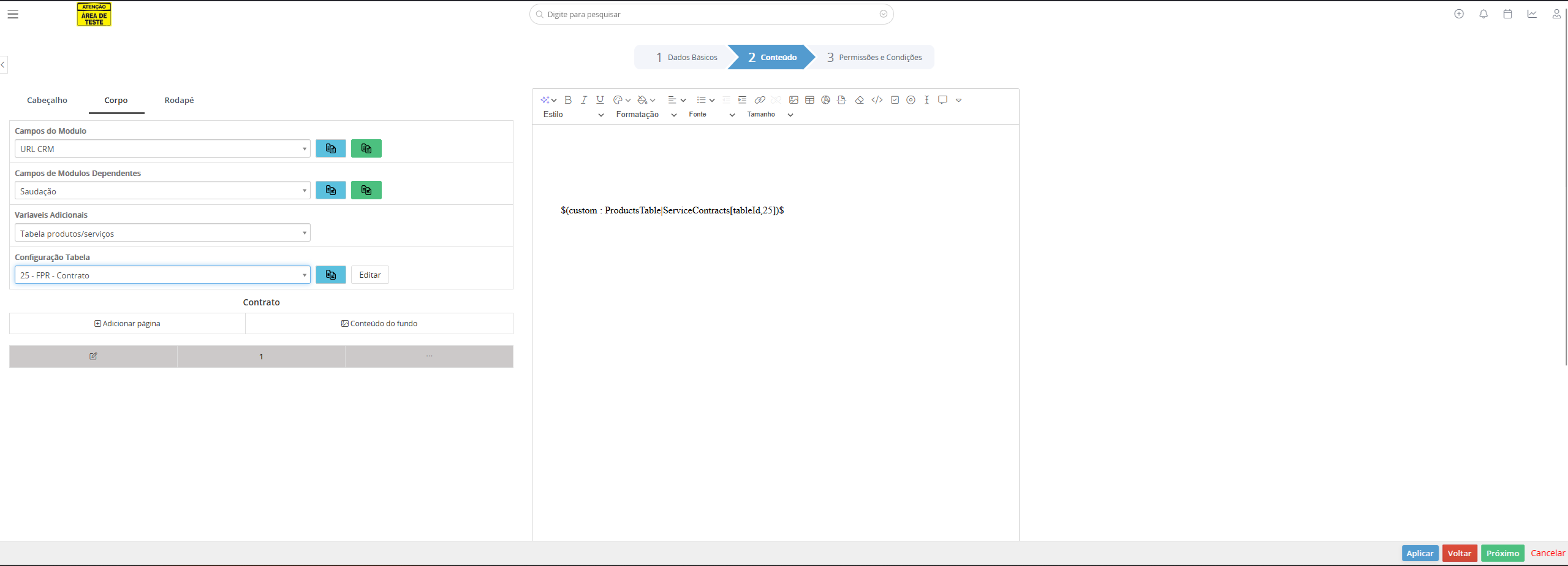 Editor de Modelo de PDF com a tabela de itens do contrato