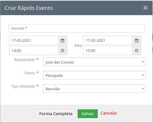 Criar Rapido Evento Gluo CRM