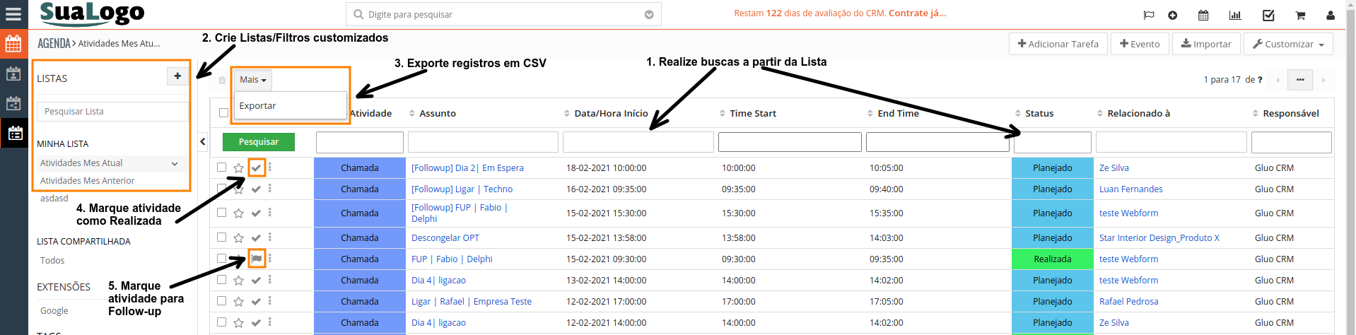 Lista Atividades Agenda Gluo CRM